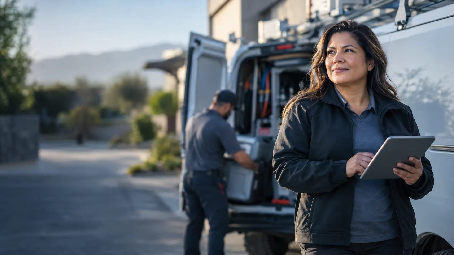 Owner of a heating and air-conditioning company reviewing her day on a tablet beside her work van