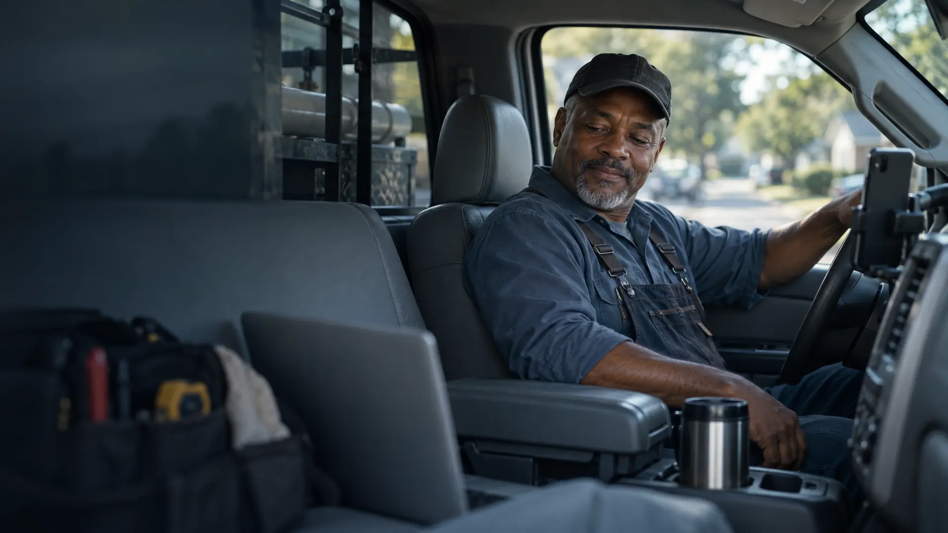 Plumbing company owner in his work pickup between jobs, glancing at his laptop with a calm smile