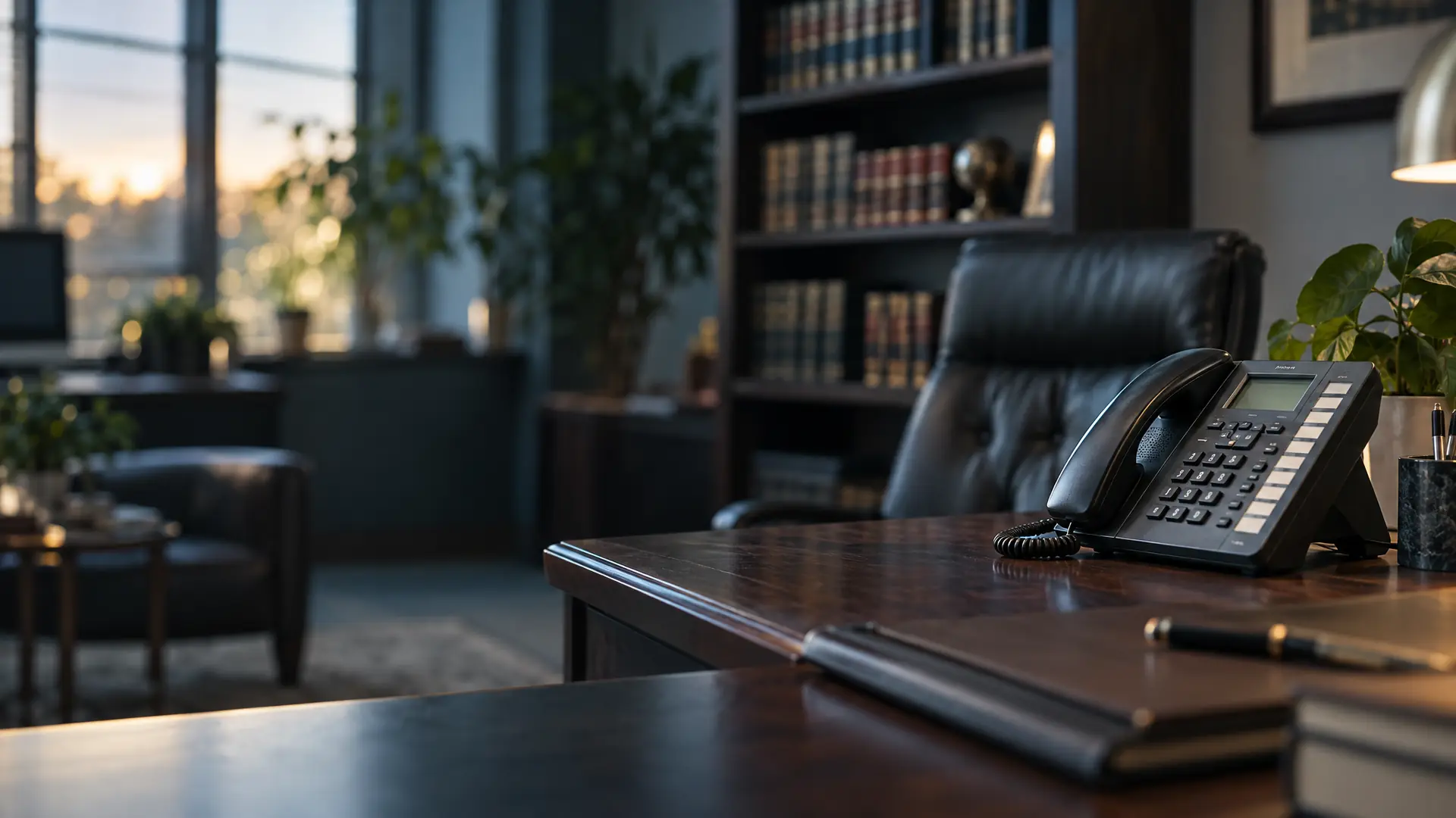 Multi-line desk phone on the front desk of a small law office