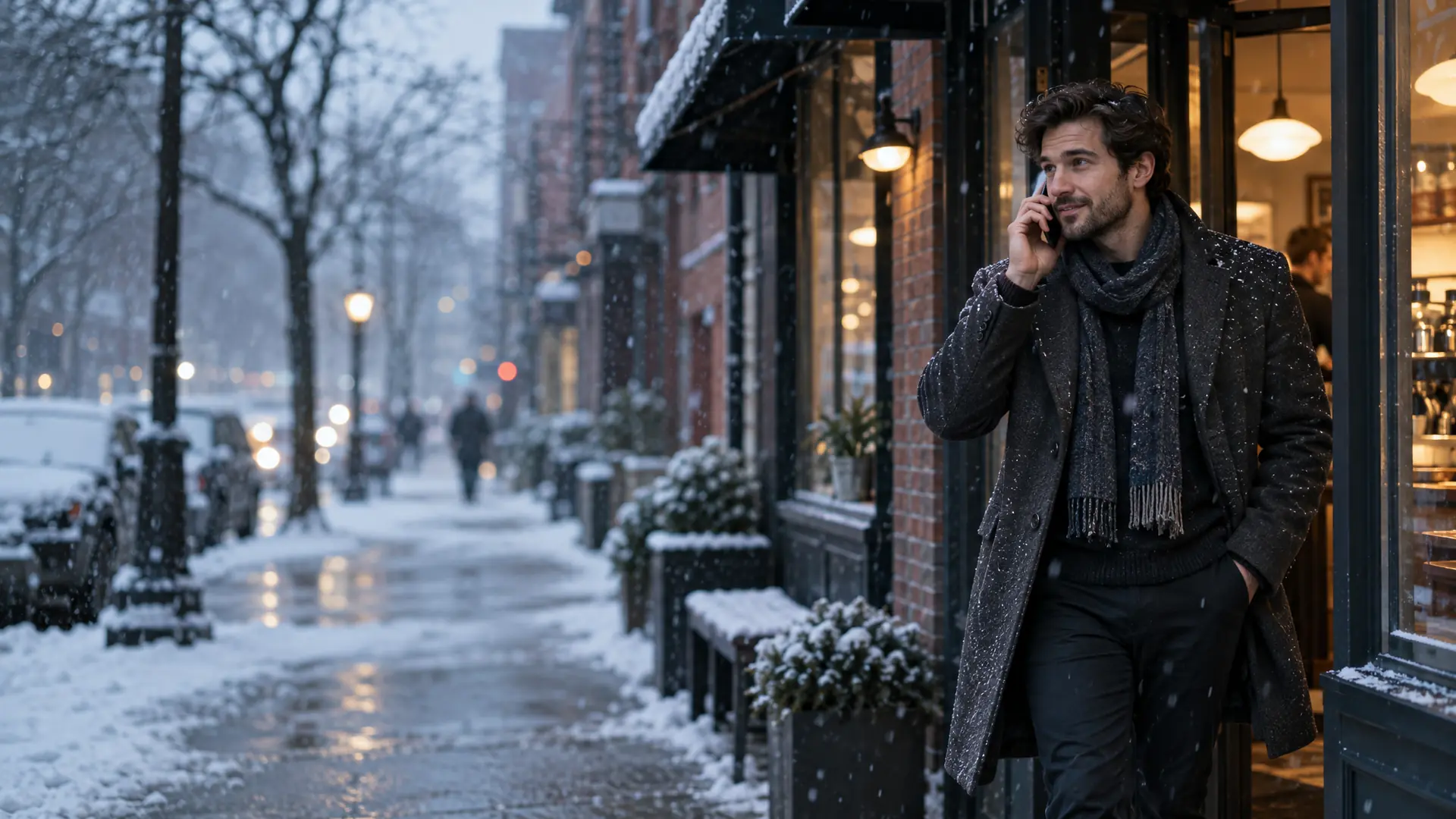 Café owner on a snowy city street in winter, phone to his ear