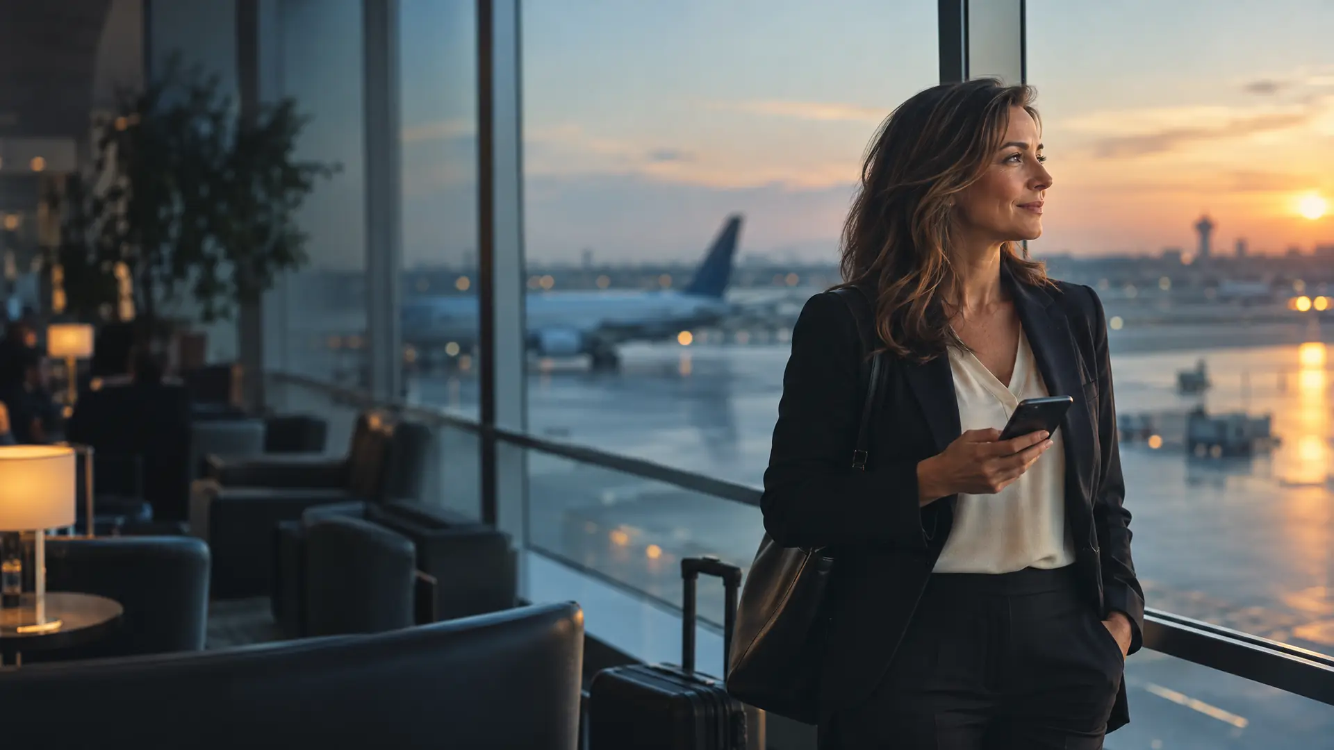 Business traveller at an airport lounge window holding her phone