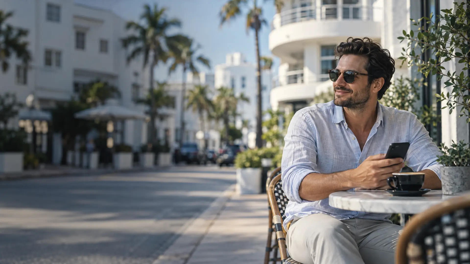 Business owner at a sunny café table on a street of white Bauhaus buildings, phone in hand