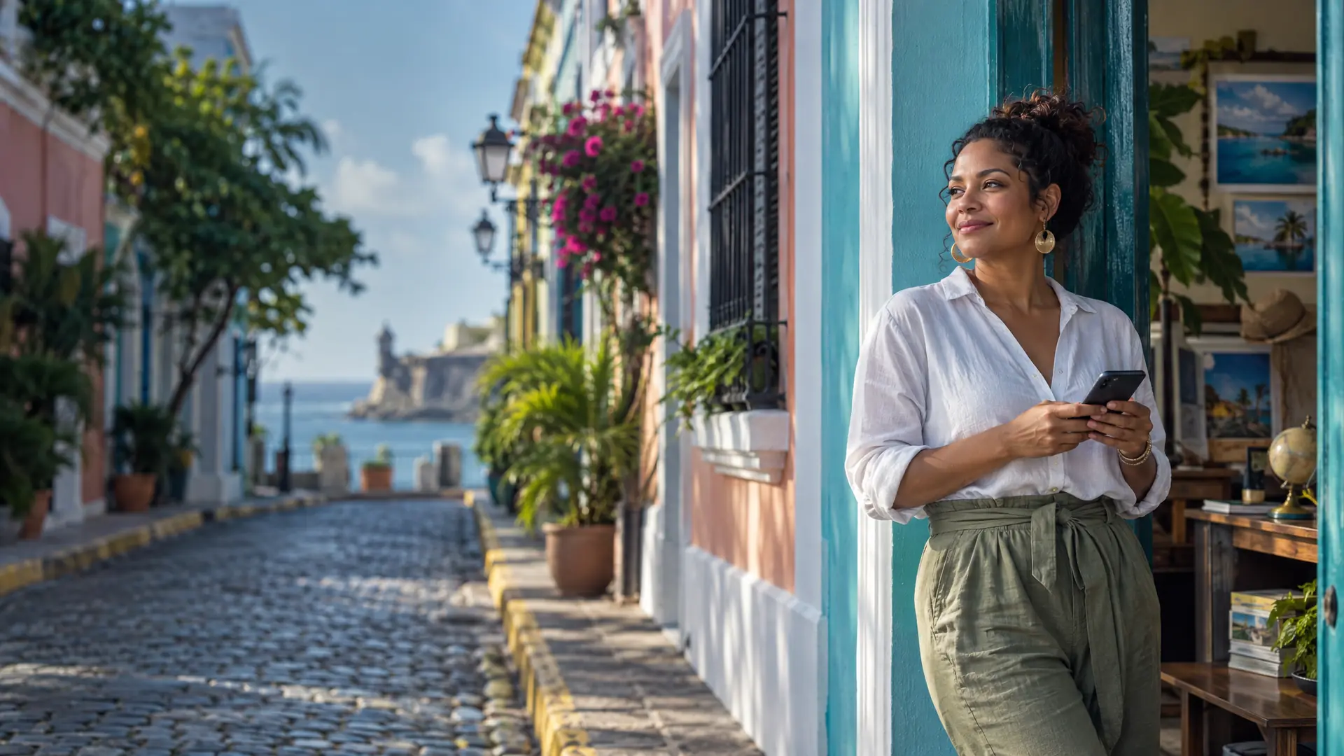 Tour company owner in the doorway of her office on a colourful colonial street