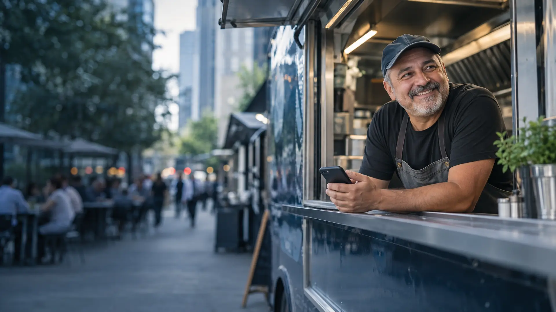Food truck owner leaning on the service window with his phone