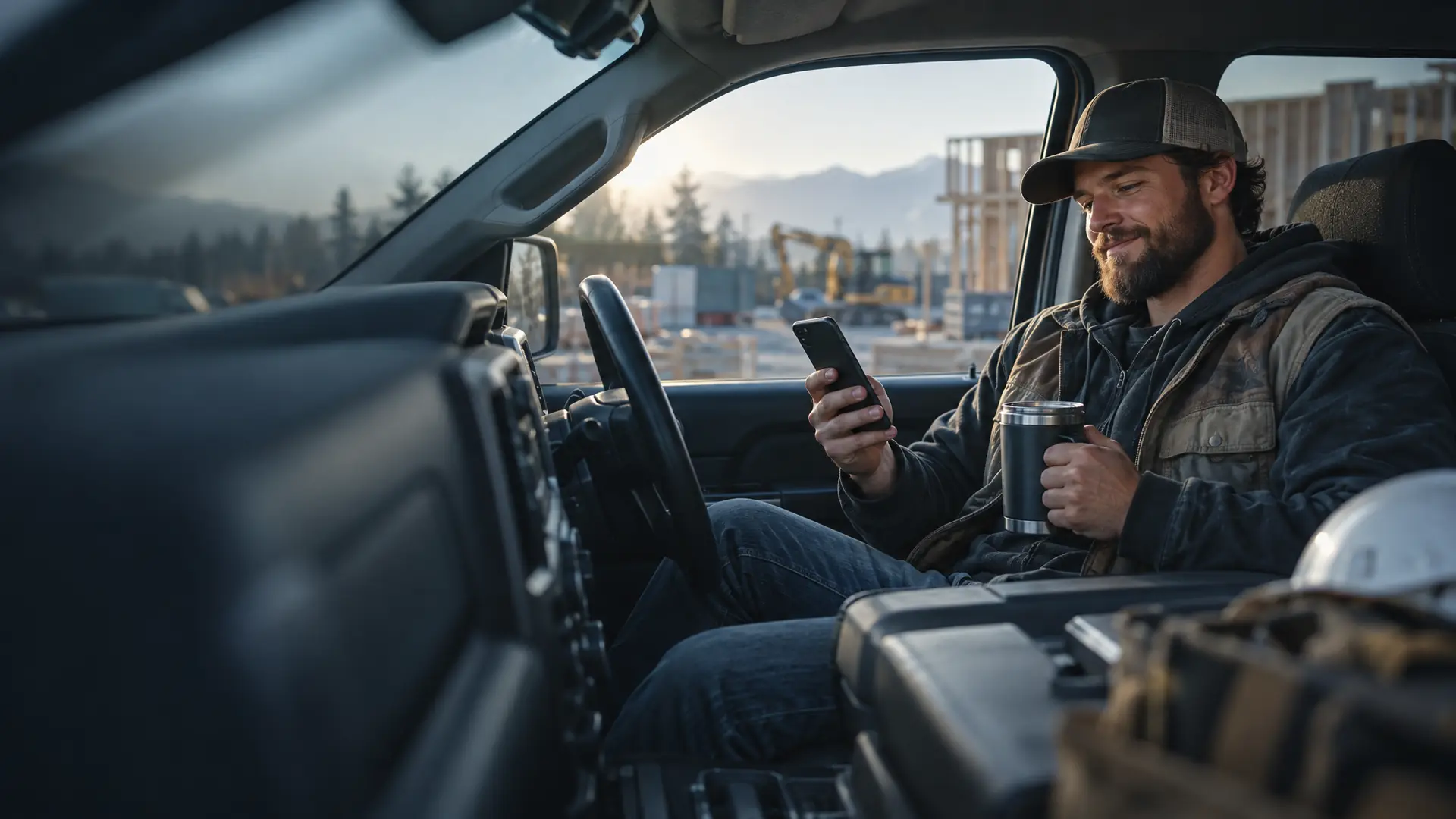 Contractor in his pickup truck at a job site checking his smartphone