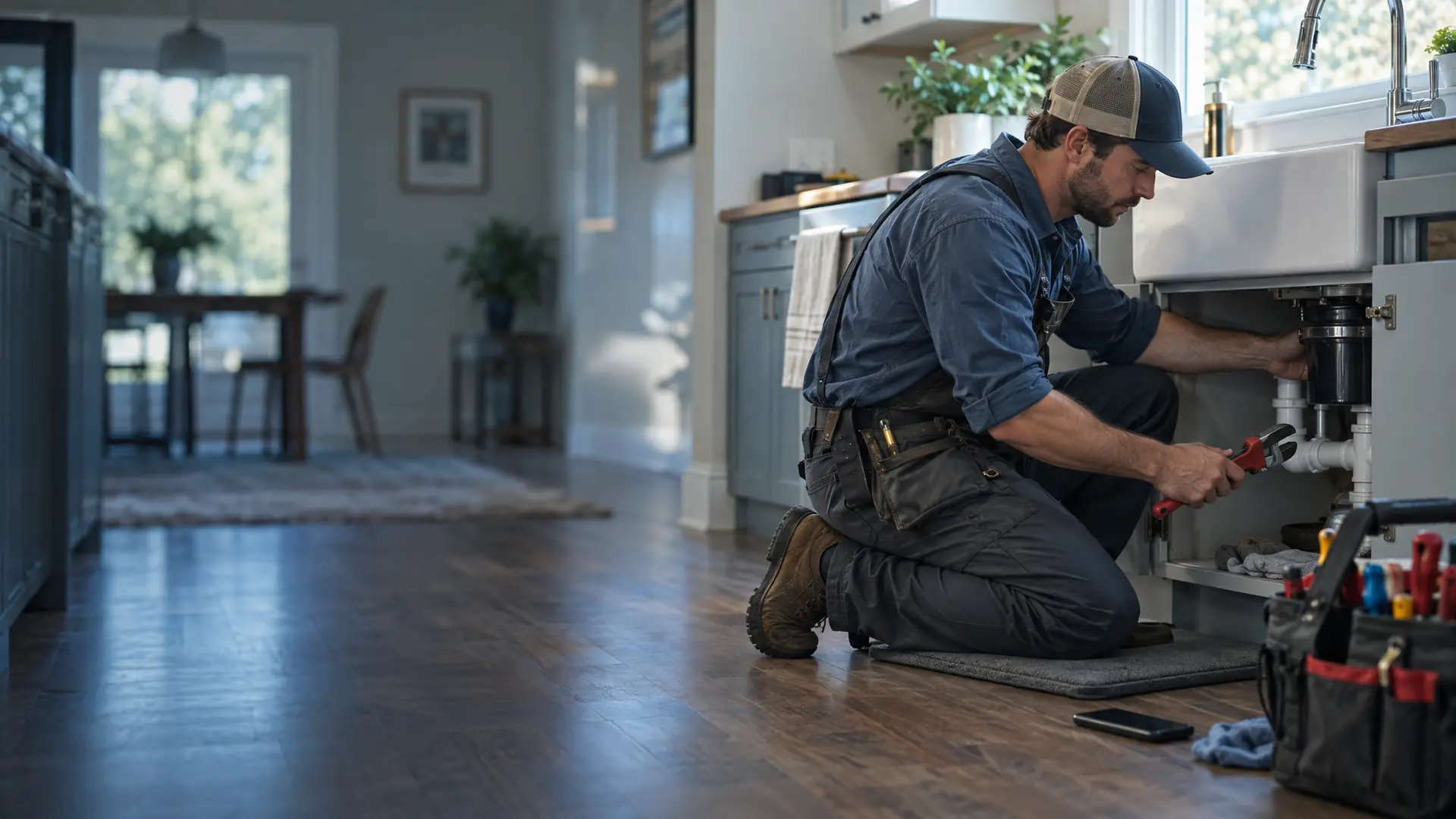 Plumber working under a kitchen sink while his phone lies face down beside his toolbox
