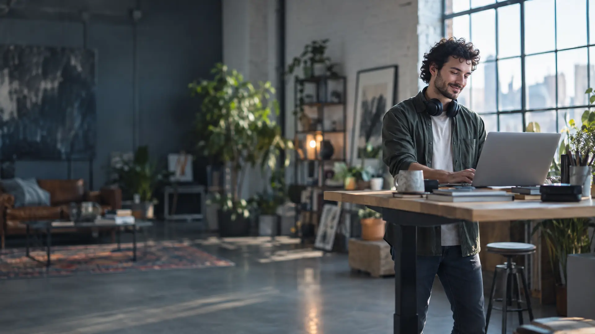 Freelance designer at a standing desk in a sunlit loft studio, headphones around his neck