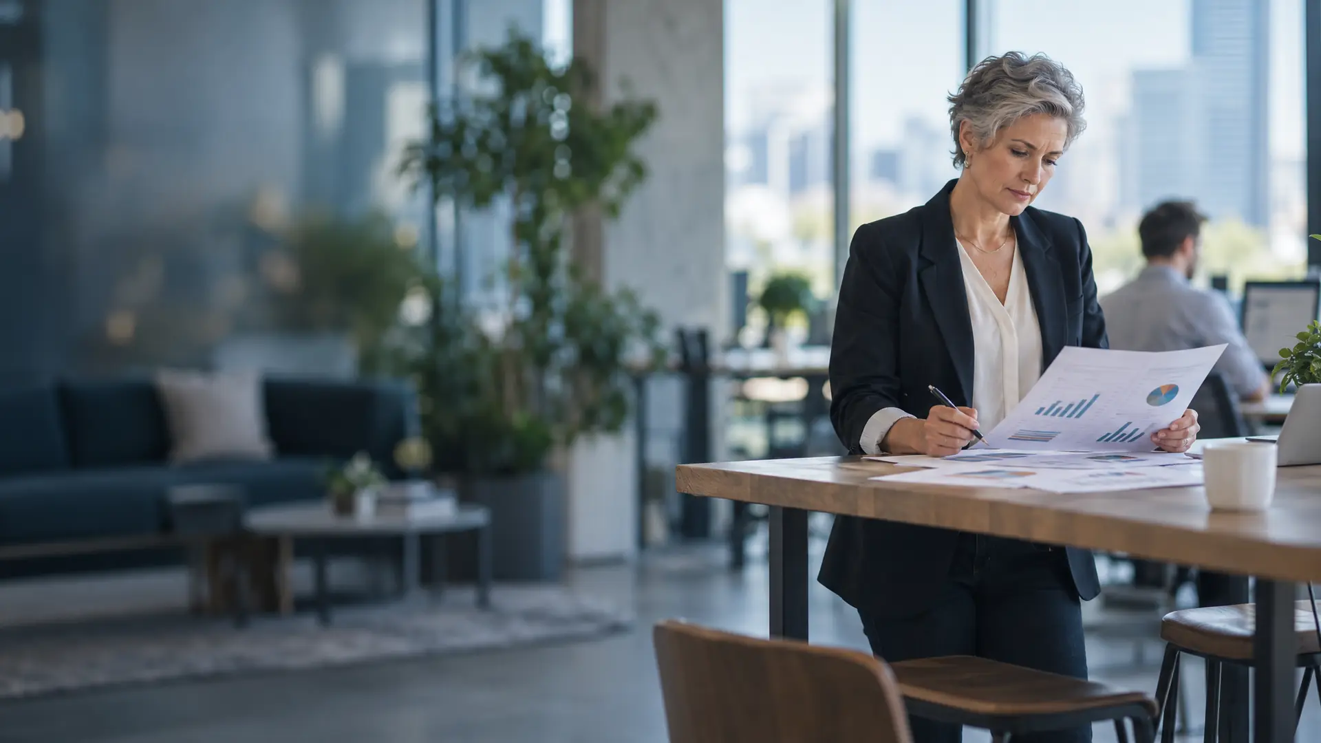 Sales operations manager reviewing printed pipeline charts at a tall table in a bright office