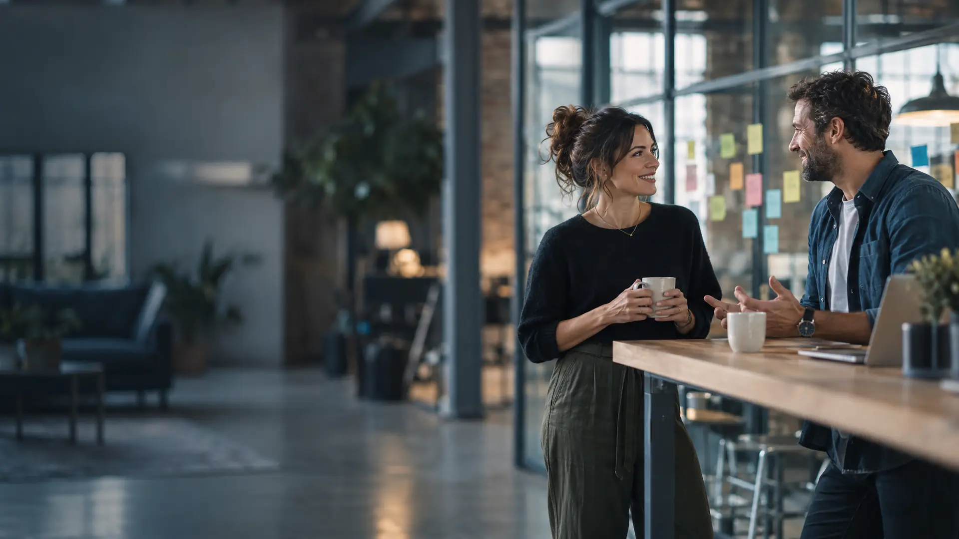 Two marketing agency partners talking over coffee at a standing desk in a warehouse office