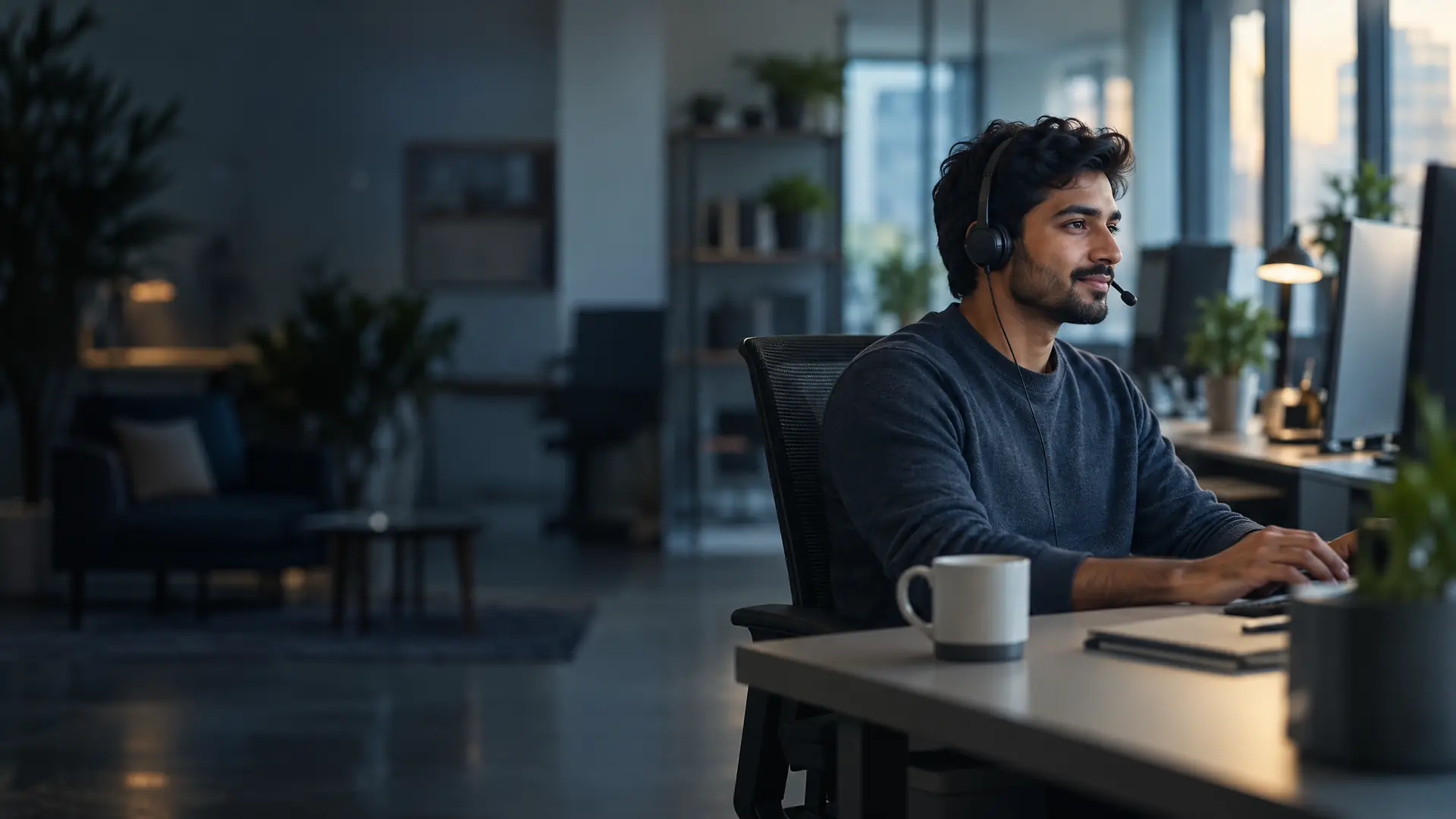 Support engineer at a tidy desk in a quiet tech office in the early morning