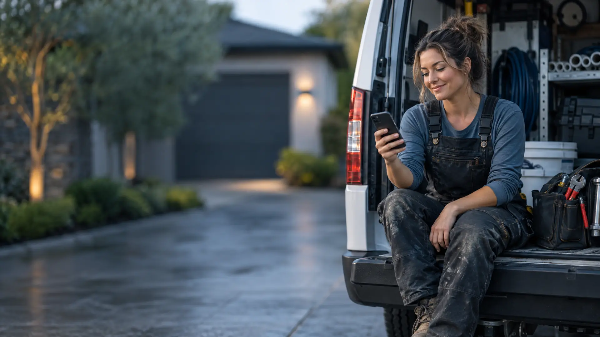 Plumbing business owner on the tailgate of her service van reviewing jobs on her phone