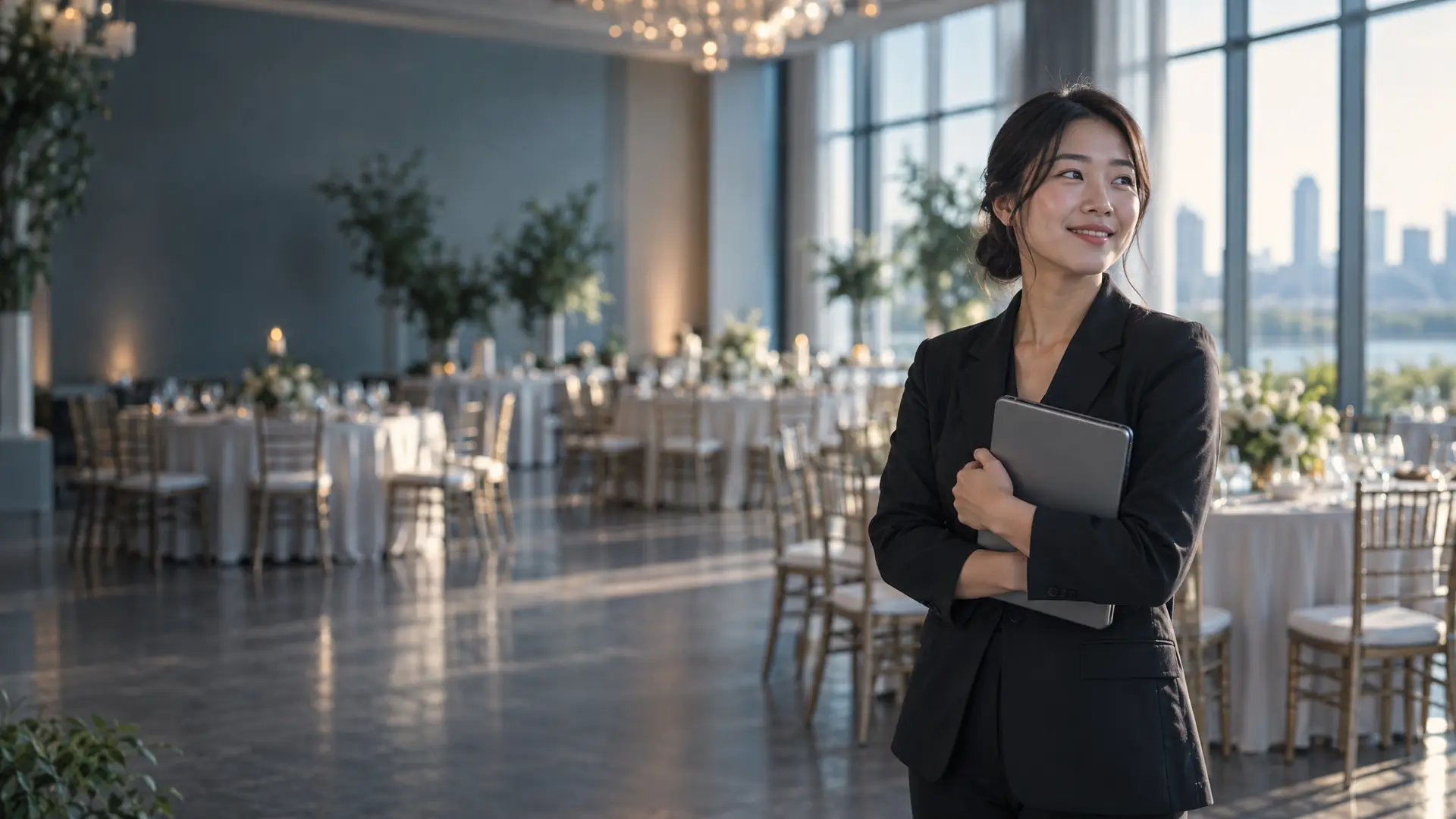 Event venue coordinator in a sunlit banquet hall holding a tablet