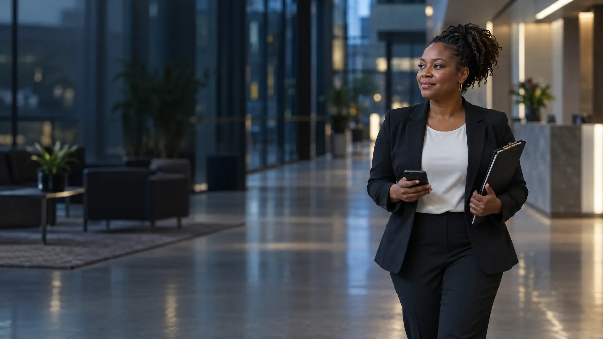 Commercial cleaning company owner walking through an office lobby after hours with her phone