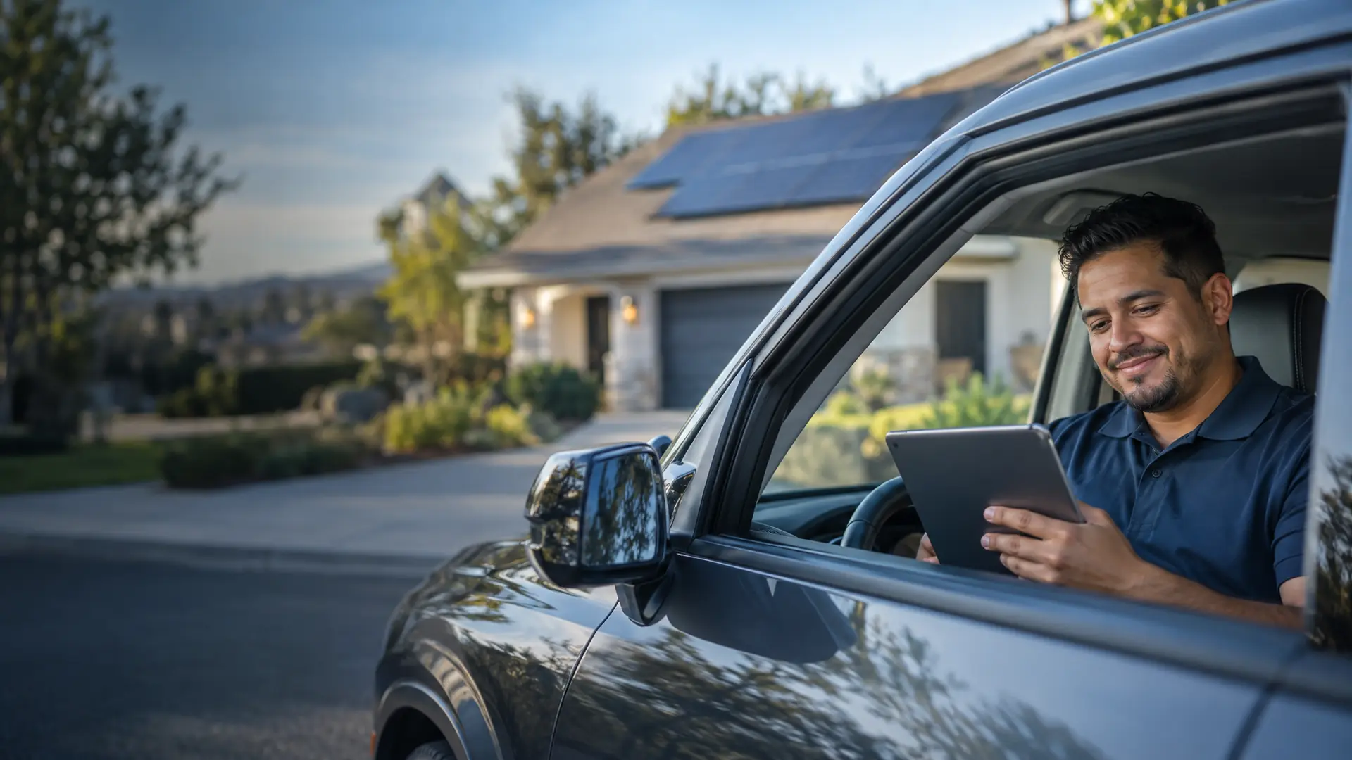 Solar sales rep in a parked car outside a house with solar panels, smiling at his tablet
