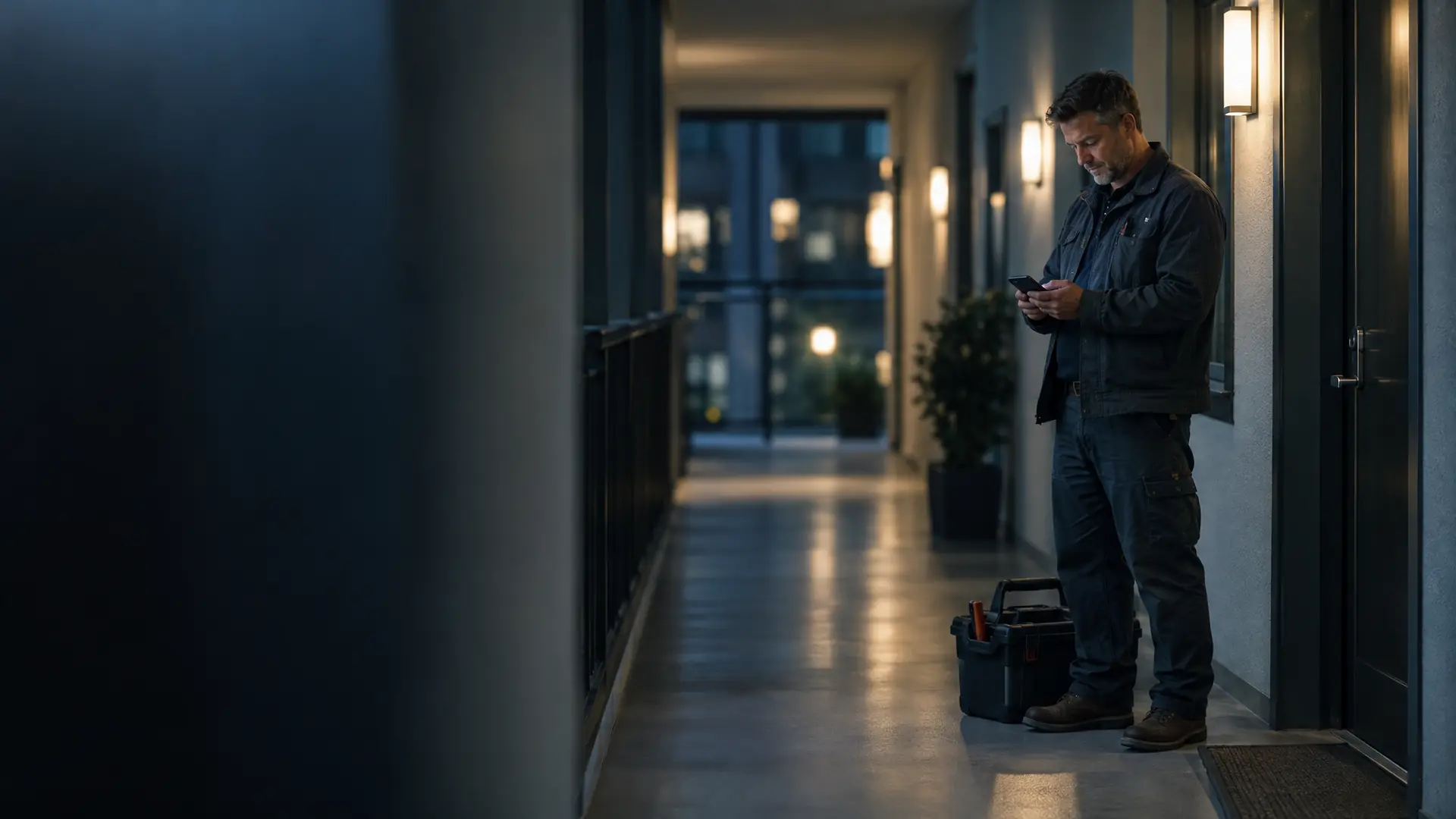 Maintenance technician checking his phone in an apartment building hallway at night