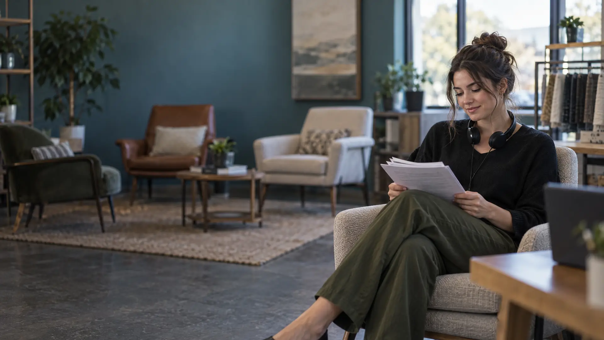 Support lead with a headset around her neck reading notes in a furniture showroom office