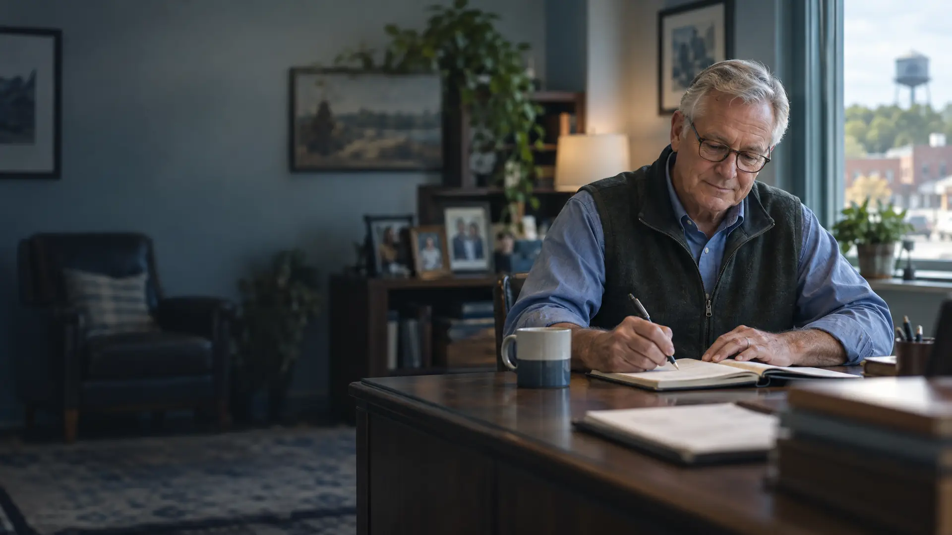 Independent insurance agent writing in a notebook at his small-town office desk